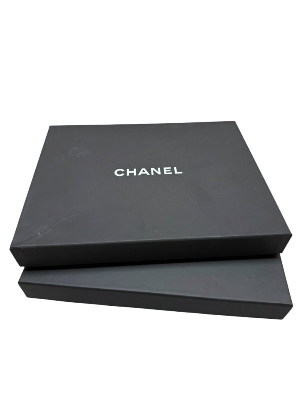 Two Chanel Designer Gift Boxes Black Lidded - EMPTY - 11.5" x 9" x 1.75"h